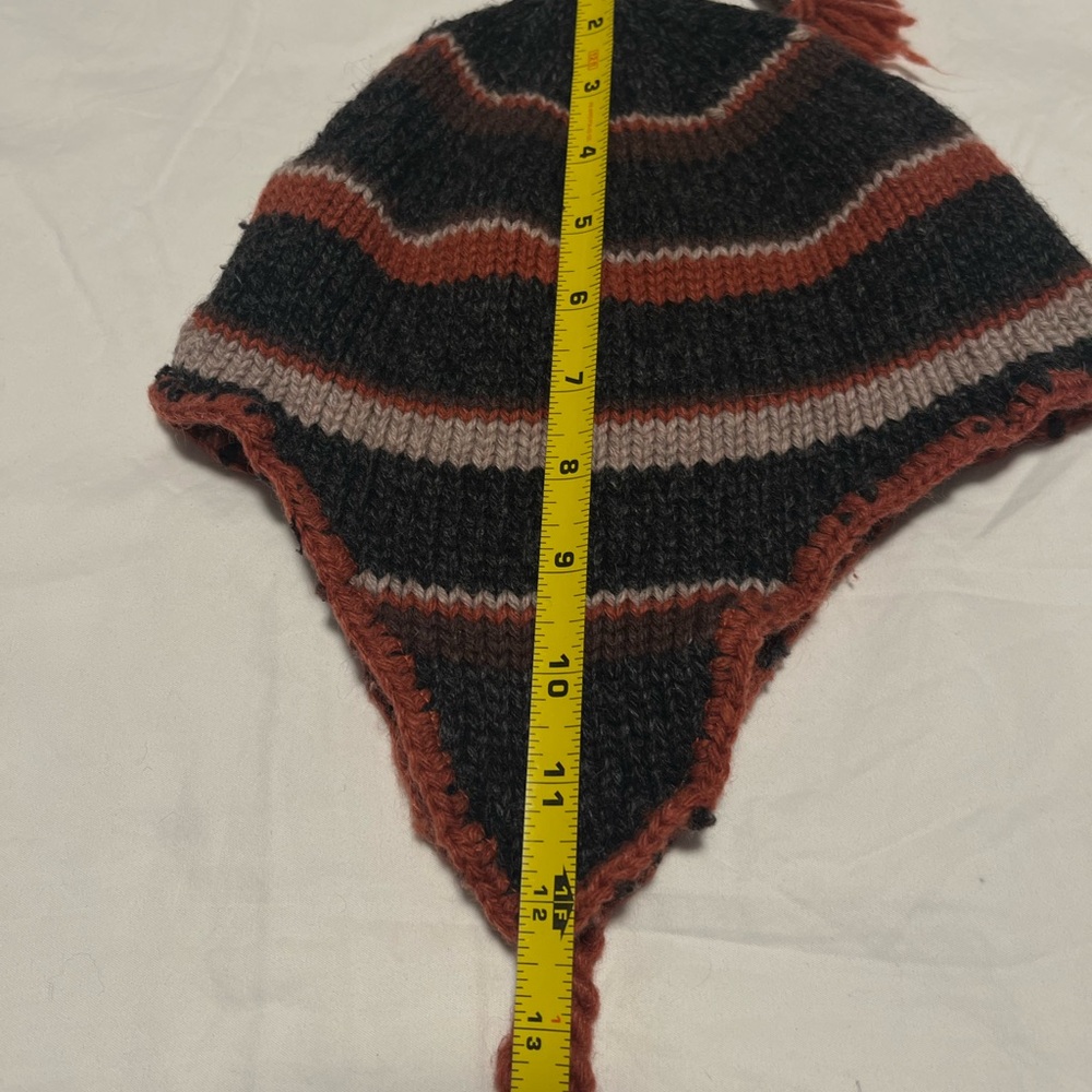 Black and Brown Wool Blend Cozy Striped knit Winter Hat with Earflaps OS - Picture 6 of 6